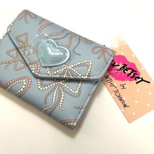 NWT BETSEY JOHNSON Trifold Flap Wallet Pearl Bows Heart Logo Pattern Blue